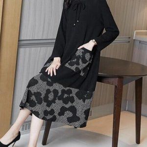 Covered belly to show thin long-sleeved round collar in the middle long skirt wo